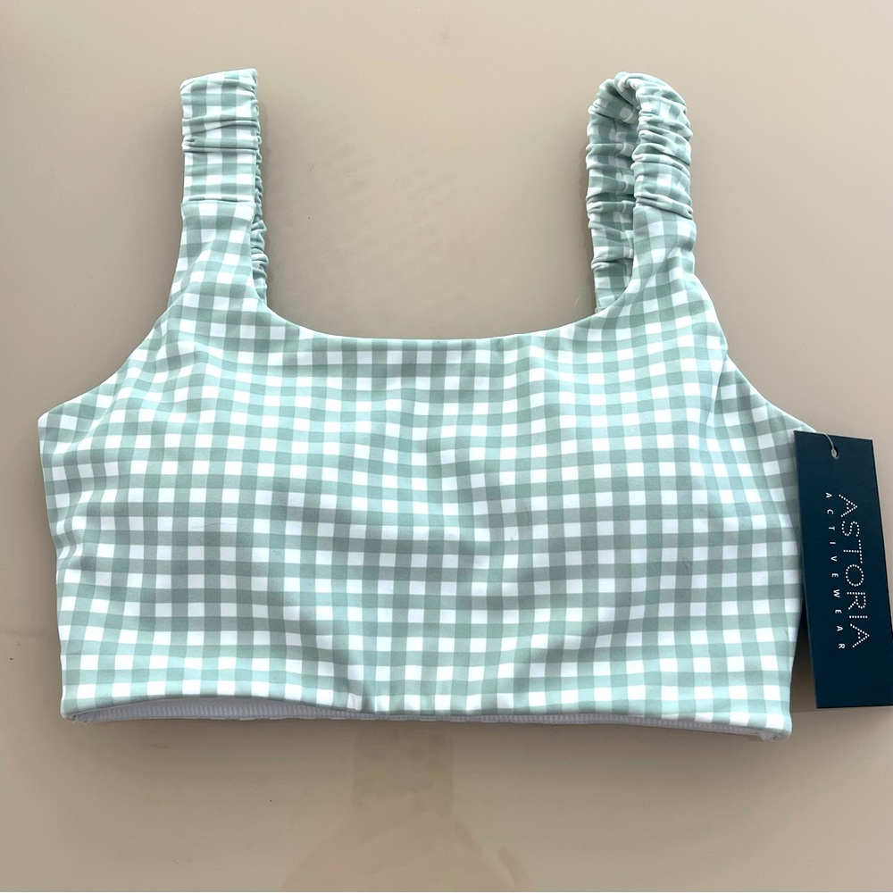 NWT Astoria LUXE BALANCE Ruched Sports Crop - Green Gingham Size S